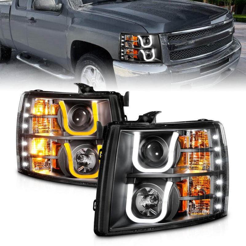 ANZO 2007-2013 Chevrolet Silverado 1500/2500 Projector Headlights w/ U-Bar Switchback Black w/ Amber-Headlights-Deviate Dezigns (DV8DZ9)