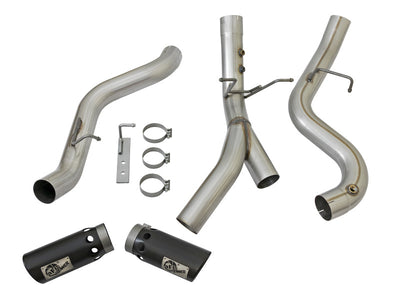 aFe ATLAS 4in DPF-Back Alum Steel Exhaust System w/Dual Exit Black Tip 2017 GM Duramax 6.6L (td)-DPF Back-Deviate Dezigns (DV8DZ9)