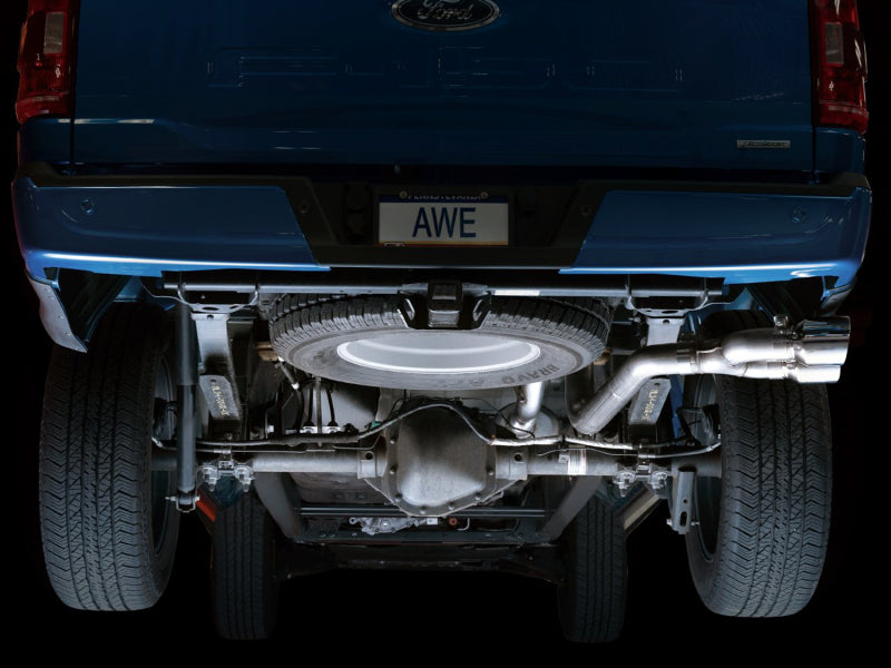 AWE 0FG 21+ Ford F150 Dual Side Exit Cat-Back Exhaust- 4.5in Chrome Silver Tips-Catback-Deviate Dezigns (DV8DZ9)