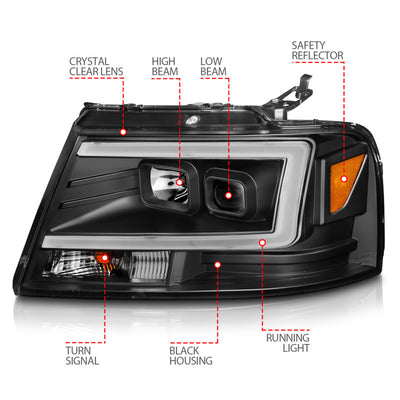 ANZO 2004-2008 Ford F-150 Projector Headlights w/ Light Bar Black Housing-Headlights-Deviate Dezigns (DV8DZ9)