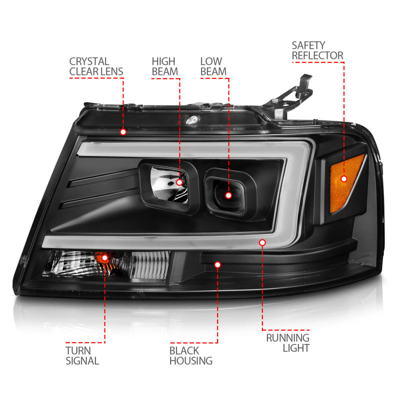 ANZO 2004-2008 Ford F-150 Projector Headlights w/ Light Bar Black Housing-Headlights-Deviate Dezigns (DV8DZ9)