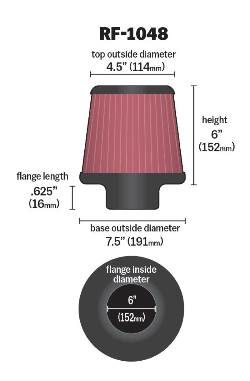 K&N Round Tapered Universal Air Filter 6in Flange ID x 7.5in Base OD x 4.5in Top OD x 6in H-Air Filters - Universal Fit-Deviate Dezigns (DV8DZ9)