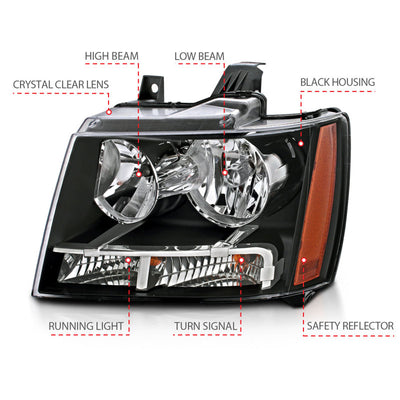 ANZO 2007-2014 Chevrolet Tahoe/Suburban Crystal Headlights Black-Headlights-Deviate Dezigns (DV8DZ9)