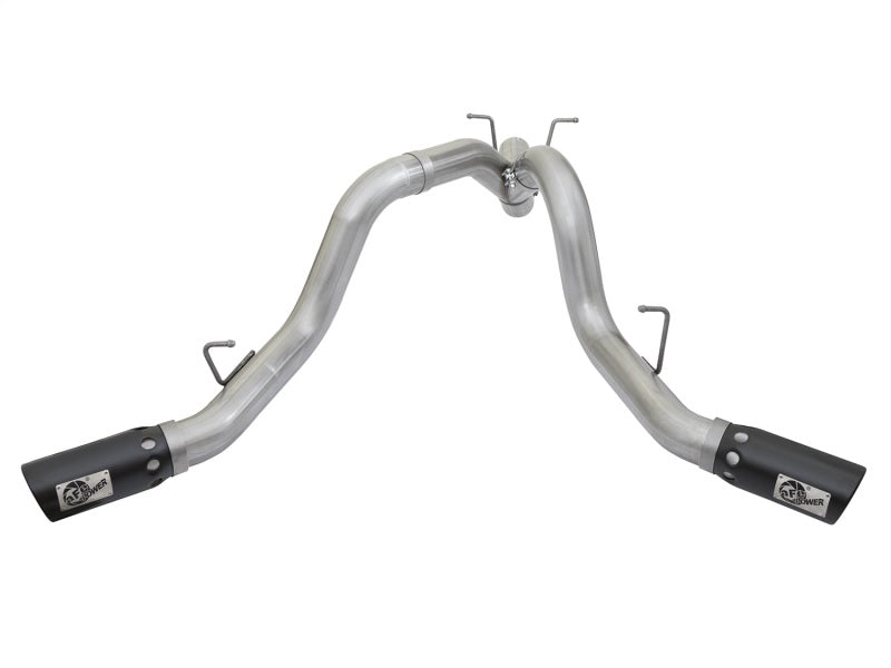 aFe ATLAS 4in DPF-Back Alum Steel Exhaust System w/Dual Exit Black Tip 2017 GM Duramax 6.6L (td)-DPF Back-Deviate Dezigns (DV8DZ9)