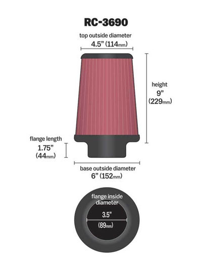 K&N Universal Chrome Filter 3 1/2 inch ID FLG / 6 inch Bottom / 4 1/2 inch CR / 9 inch Length-Air Filters - Universal Fit-Deviate Dezigns (DV8DZ9)