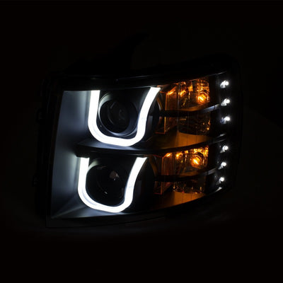 ANZO 2007-2013 Chevrolet Silverado 1500/2500 Projector Headlights w/ U-Bar Switchback Black w/ Amber-Headlights-Deviate Dezigns (DV8DZ9)