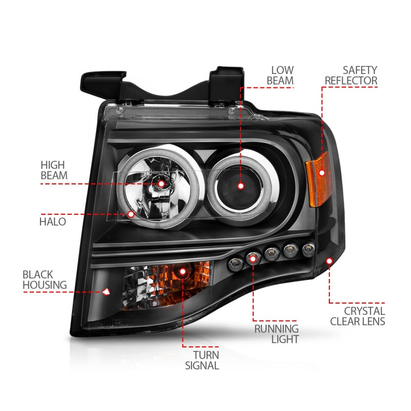 ANZO 2007-2014 Ford Expedition Projector Headlights w/ Halo Black-Headlights-Deviate Dezigns (DV8DZ9)