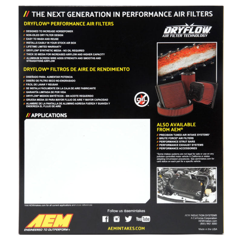 AEM 08-10 F150/250/350 / 07-10 Expedition 10.5in O/S L x 9.875in O/S W x 2.188in H DryFlow Filter-Air Filters - Drop In-Deviate Dezigns (DV8DZ9)