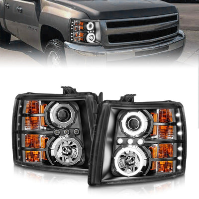 ANZO 2007-2013 Chevrolet Silverado 1500 Projector Headlights w/ Halo Black-Headlights-Deviate Dezigns (DV8DZ9)