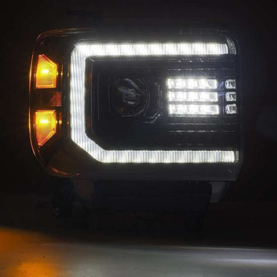 AlphaRex 14-18 GMC Sierra LUXX LED Proj Headlights Plank Style Black w/Activ Light/Seq Signal/DRL-Headlights-Deviate Dezigns (DV8DZ9)