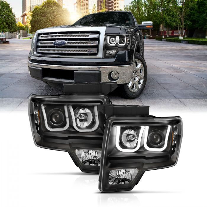 ANZO - 2009-2014 FORD F150 PROJECTOR SWITCHBACK HEADLIGHTS U-BAR BLACK WITH AMBER-Headlights-Deviate Dezigns (DV8DZ9)