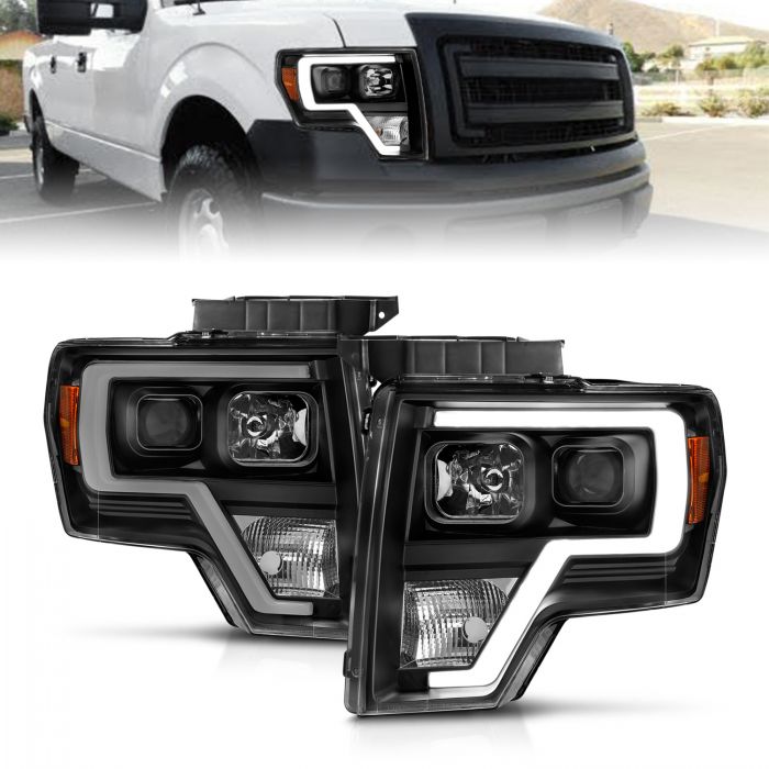 ANZO - 2009-2014 FORD F150 PROJECTOR HEADLIGHTS WITH BLACK HOUSING PLANK STYLE LIGHT BAR/AMBER-Headlights-Deviate Dezigns (DV8DZ9)