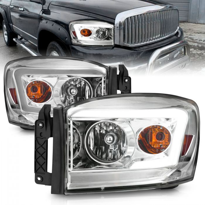 ANZO - 2006-2008 DODGE RAM 1500/2500/3500 CRYSTAL HEADLIGHTS CHROME WITH C LIGHT BAR AMBER-Headlights-Deviate Dezigns (DV8DZ9)