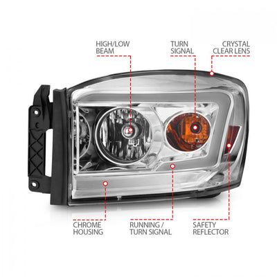 ANZO - 2006-2008 DODGE RAM 1500/2500/3500 CRYSTAL HEADLIGHTS CHROME WITH C LIGHT BAR AMBER-Headlights-Deviate Dezigns (DV8DZ9)