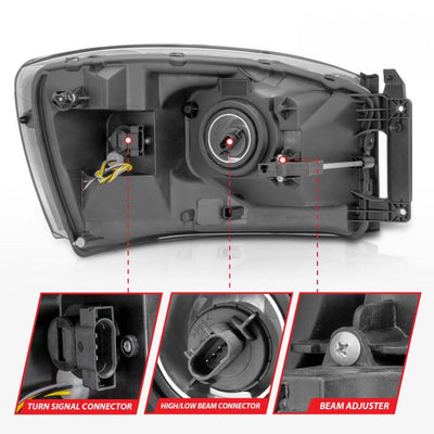 ANZO - 2006-2008 DODGE RAM 1500/2500/3500 CRYSTAL HEADLIGHTS CHROME WITH C LIGHT BAR AMBER-Headlights-Deviate Dezigns (DV8DZ9)