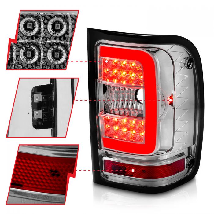 ANZO - 2001-2011 FORD RANGER TAILLIGHTS CHROME HOUSING CLEAR LENS WITH C LIGHT BAR-Tail Lights-Deviate Dezigns (DV8DZ9)